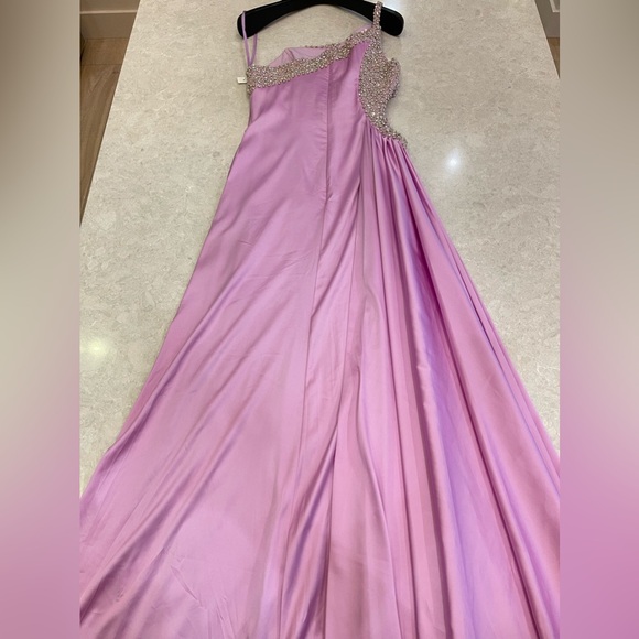 Mac Duggal 68447 Ruched One Shoulder Side Cutout Embellished Satin Gown Lilac 2 - Picture 11 of 14